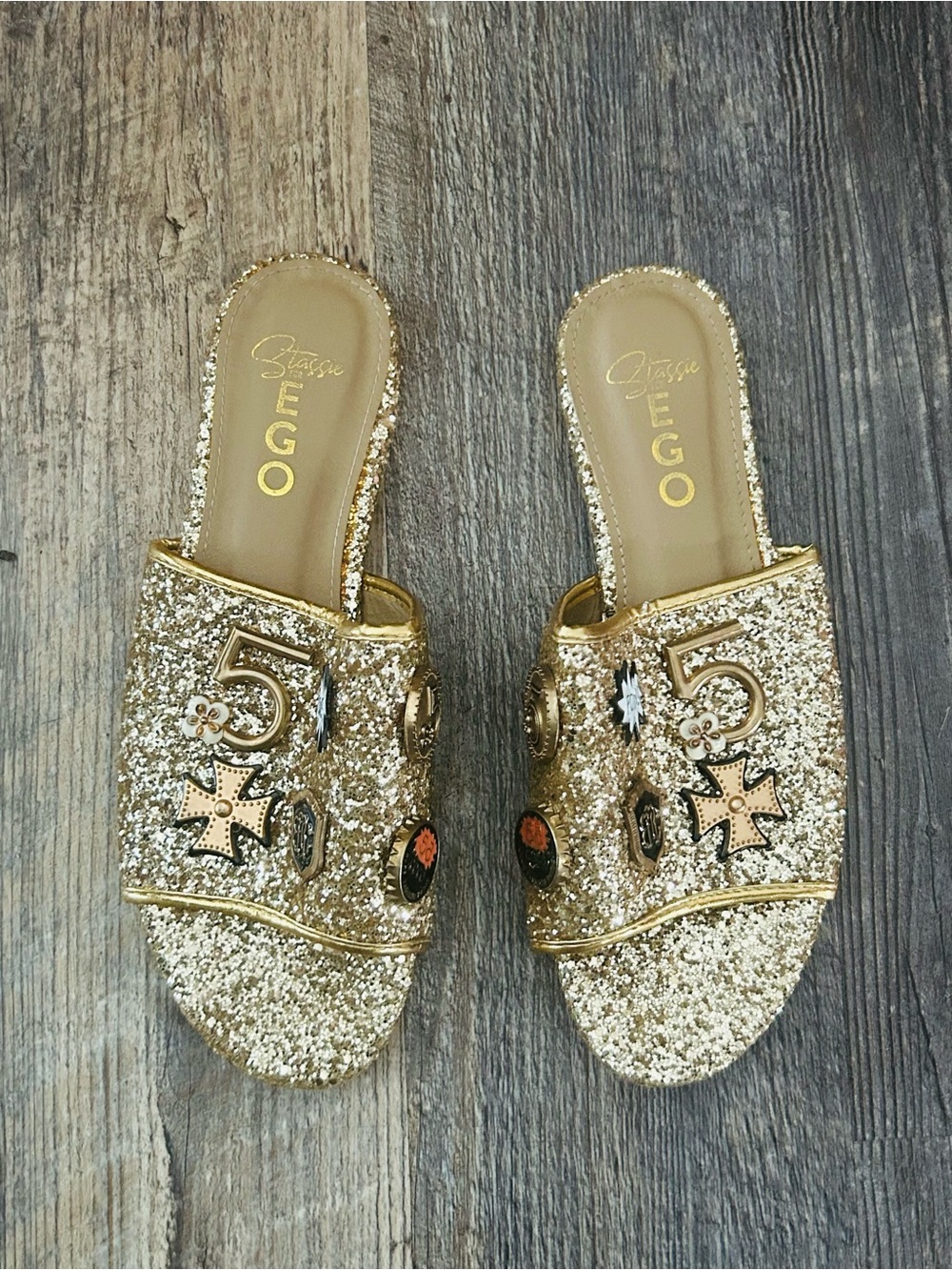 EGO by Stassie Gold Glitter Slide Sandals - Women's